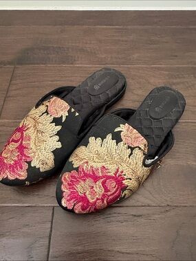Birdies Black Slip-On Mules with Gold and Pink Embroidery